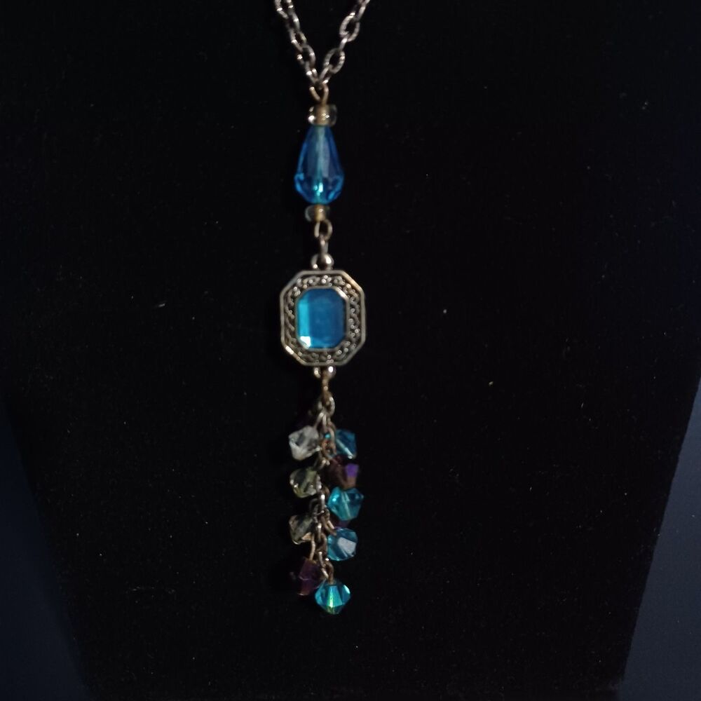 Vintage-Inspired Silver-Toned Necklace w/ Blue Glass & Crystal Beads, 16" - Picture 2 of 3